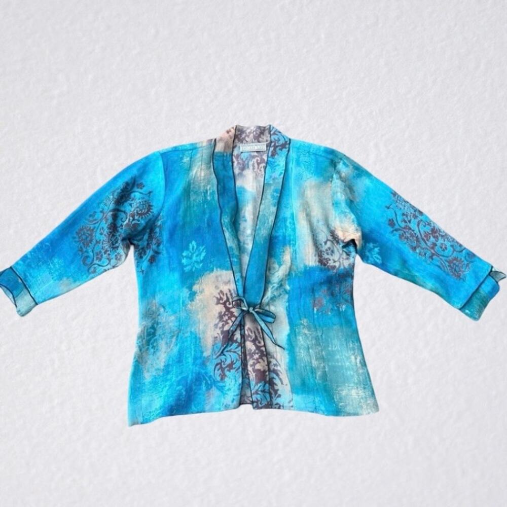 Vtg blue bohemian print 3/4 sleeve front tie cardigan, semi sheer fairycore boho